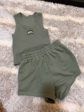 Daily Drills Sage Green Ribbed Tank & Elastic Waist Shorts Set